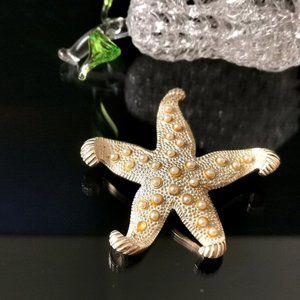 Vintage Starfish Brooch with Cream Enamel and Micro Seed Pearls